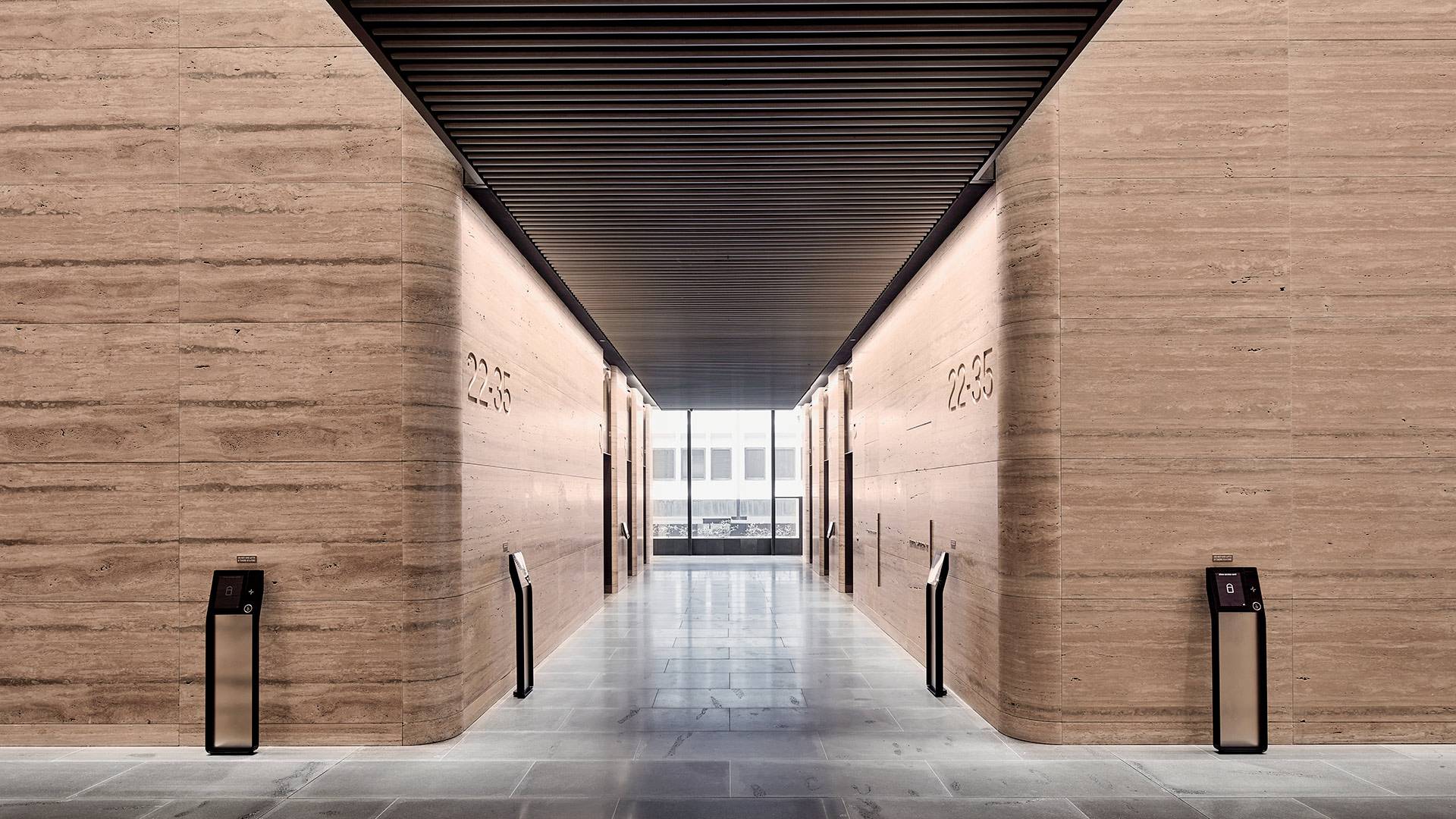 Beam floodlight and Aris medium power linear fixtures used throughout the lobbies of 1 Denison Street located in the heart of North Sydney's new CBD.