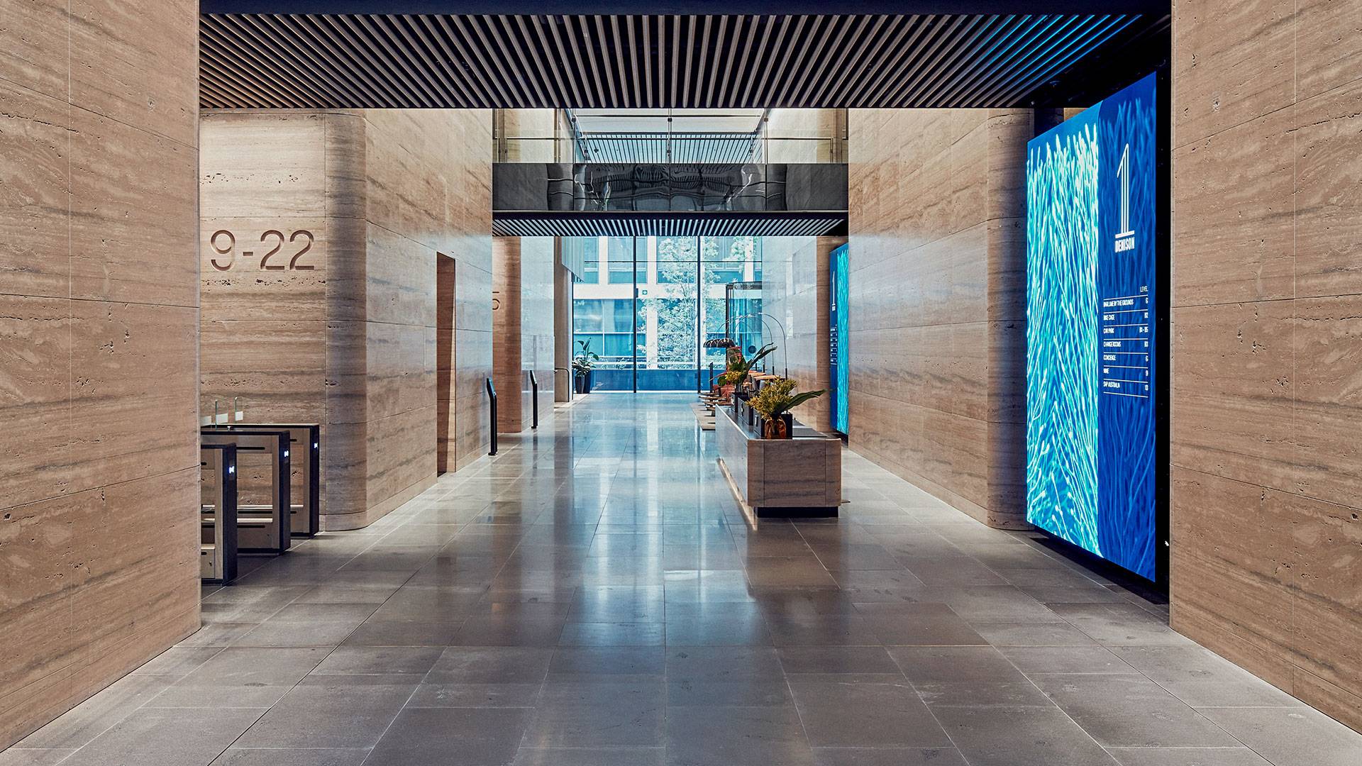 Beam floodlight and Aris medium power linear fixtures used throughout the lobbies of 1 Denison Street located in the heart of North Sydney's new CBD.