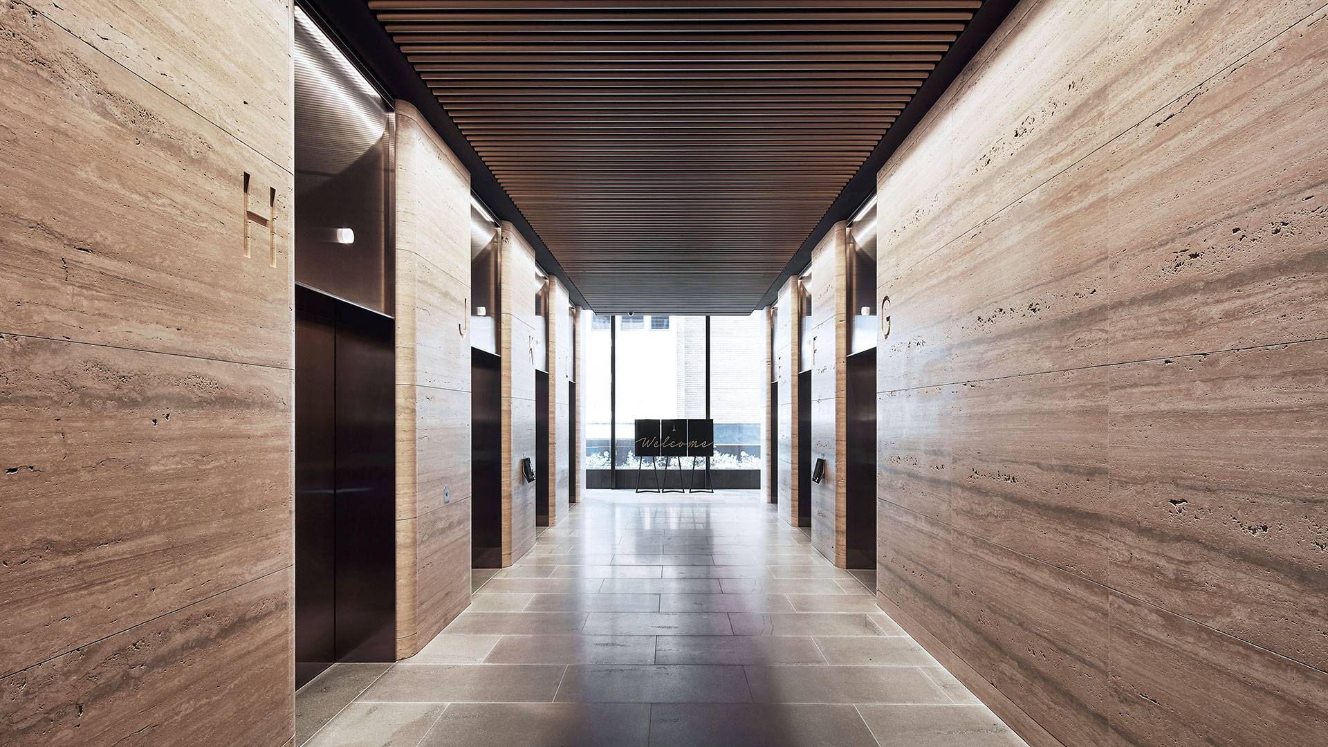 Beam floodlight and Aris medium power linear fixtures used throughout the lobbies of 1 Denison Street located in the heart of North Sydney's new CBD.