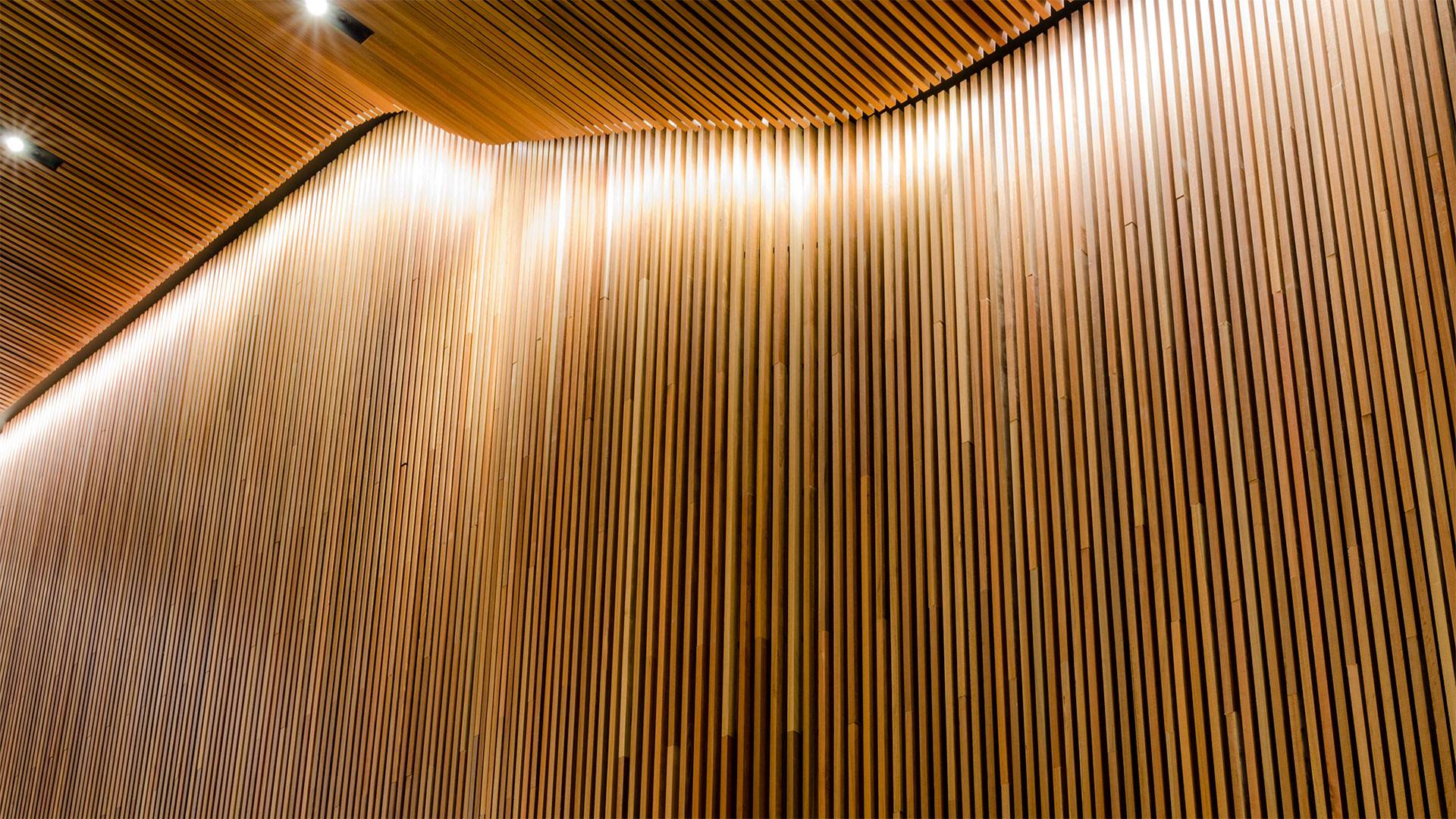 Aris linear grazer illuminates the custom timber battens in the main lobby entrance.