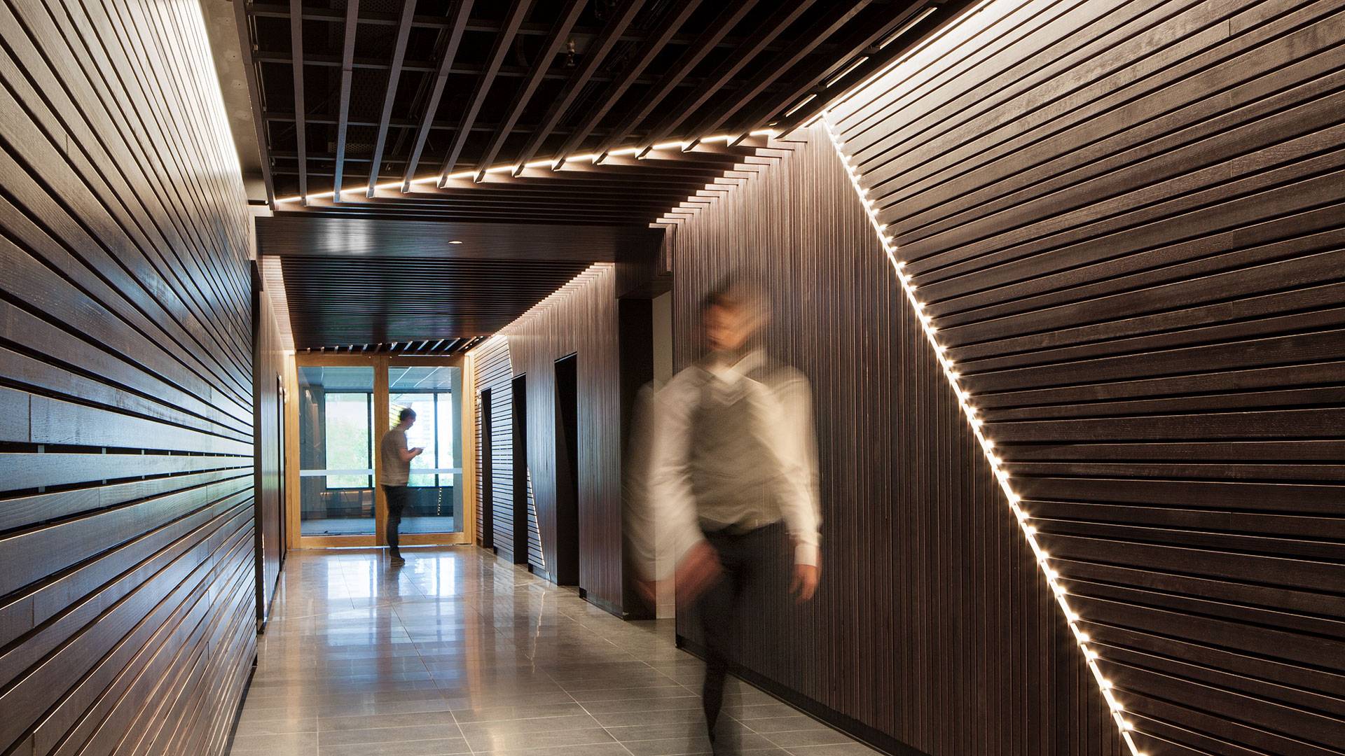 Aris LED linear floodlight in application, installed in 530 Collins Street Lobby. Architectural LED lighting.