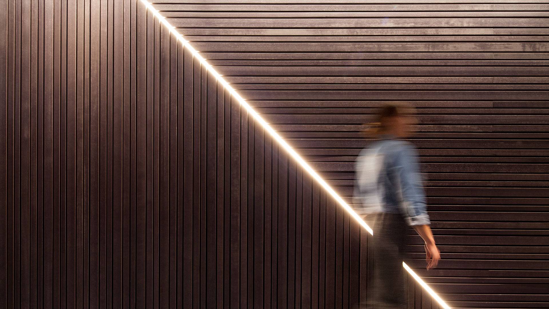 Aris LED linear floodlight in application, installed in 530 Collins Street Lobby. Architectural LED lighting