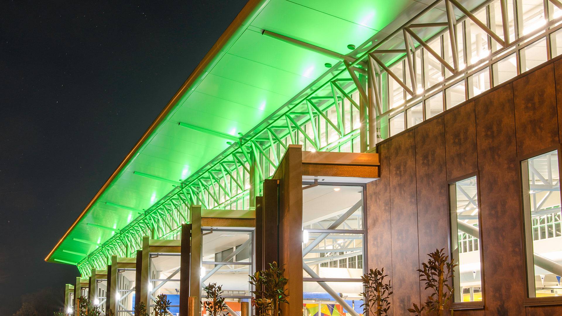 Maxis high-power linear floodlight in application, installed in The Ballarat Aquatic & Lifestyle Centre. The striking structure has quickly become a local icon.