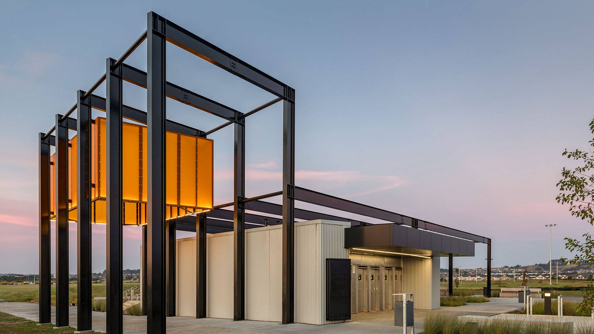 Barry Curtis Park Pavilion in Auckland, New Zealand, features Multo strip.