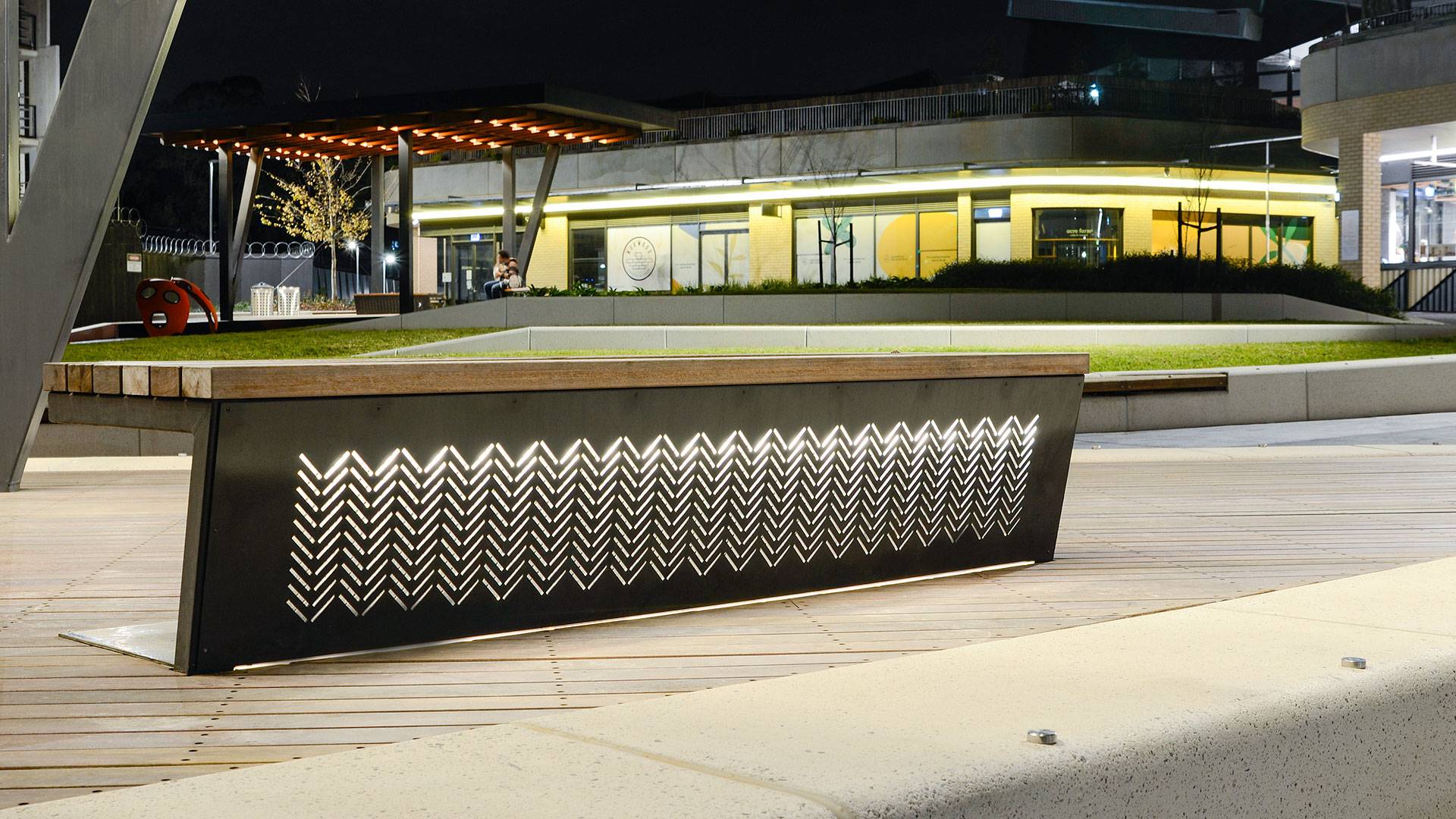 High-performance outdoor LED strip Alto IP in application, installed in Burwood Brickworks Pavilions in Melbourne. Architectural LED Lighting for outdoor applications.