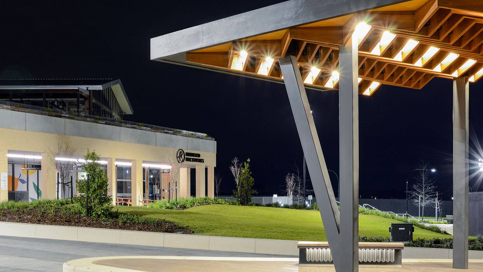 High-performance outdoor LED strip Alto IP in application, installed in Burwood Brickworks Pavilions in Melbourne. Architectural LED Lighting for outdoor applications.