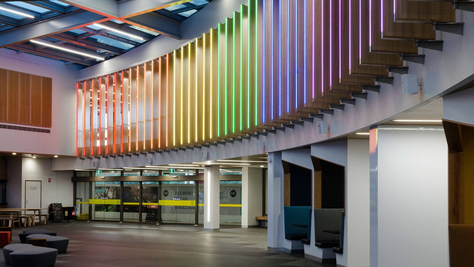 Spectrum RGB strip illuminates the feature panelling adorning the Central Precinct hub.

