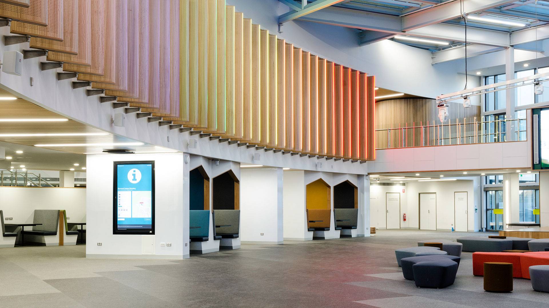 Spectrum RGB strip illuminates the feature panelling adorning the Central Precinct hub.

