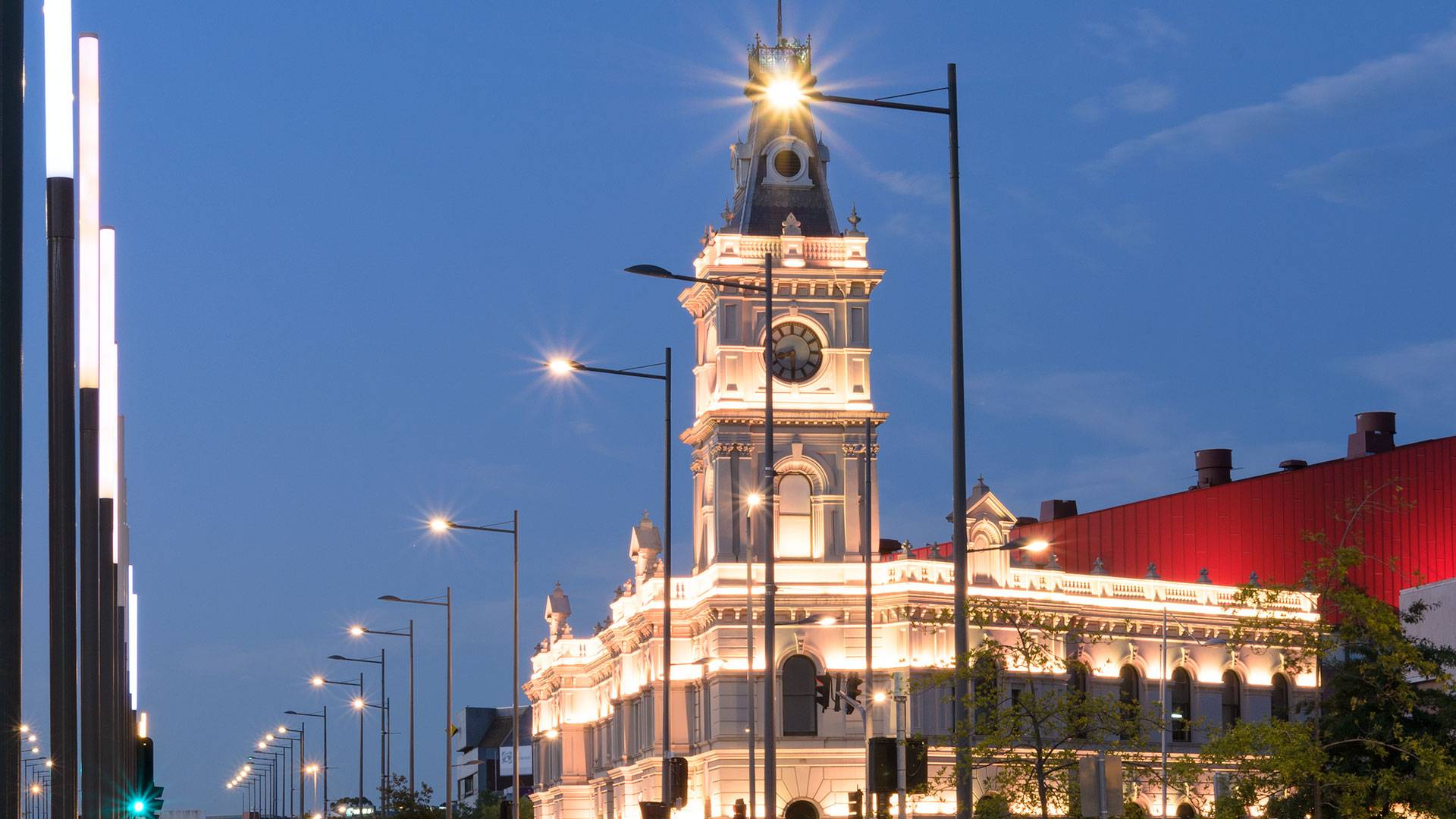 Latitude LED luminaire in application, installed on the façade of the former Dandenong Town Hall, now known as the Drum Theatre in Melbourne. 