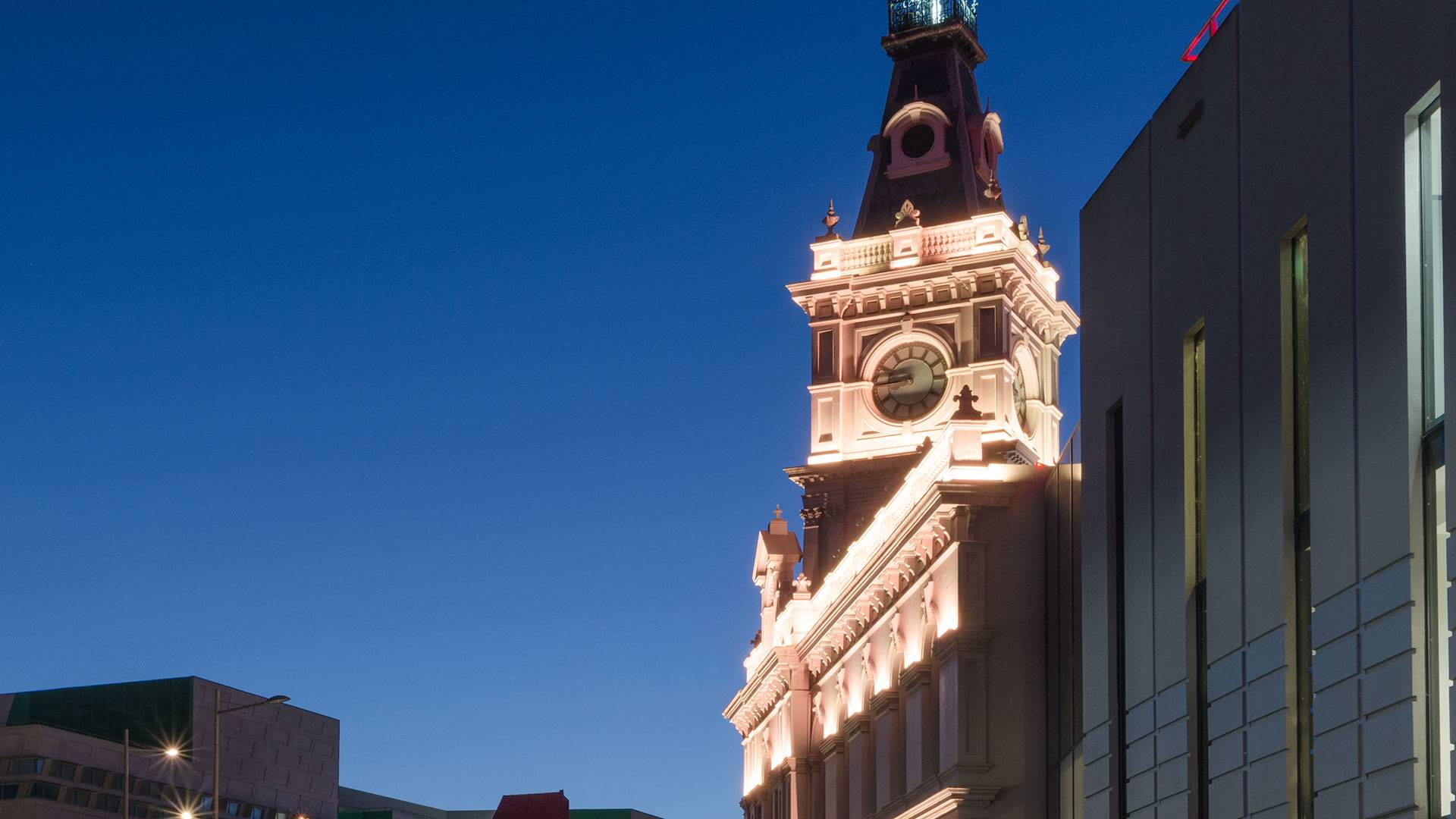 Latitude LED luminaire in application, installed on the façade of the former Dandenong Town Hall, now known as the Drum Theatre in Melbourne. 