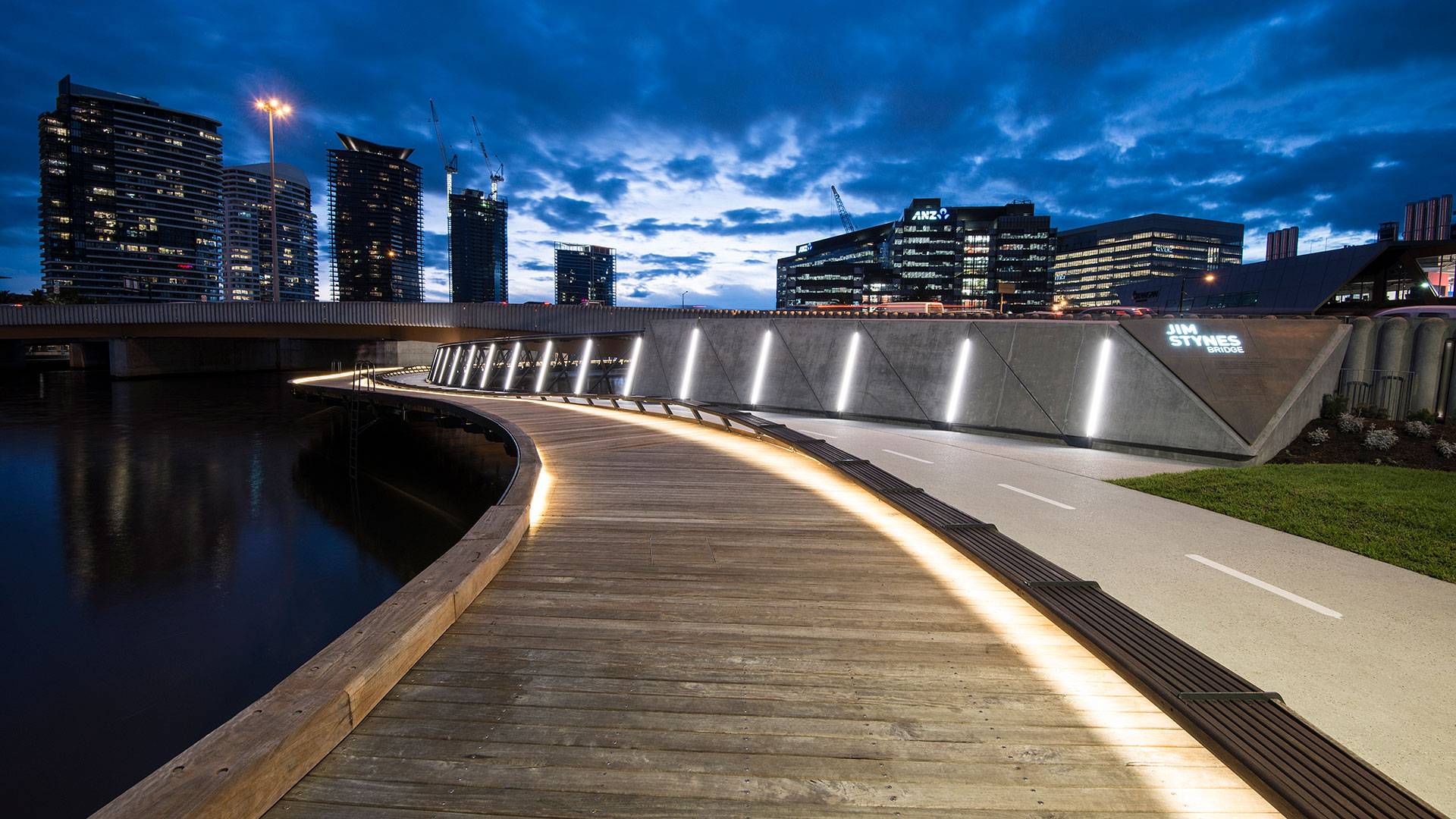 Electro IP robust outdoor LED luminaire in application, installed on the Jim Stynes Bridge in Melbourne.