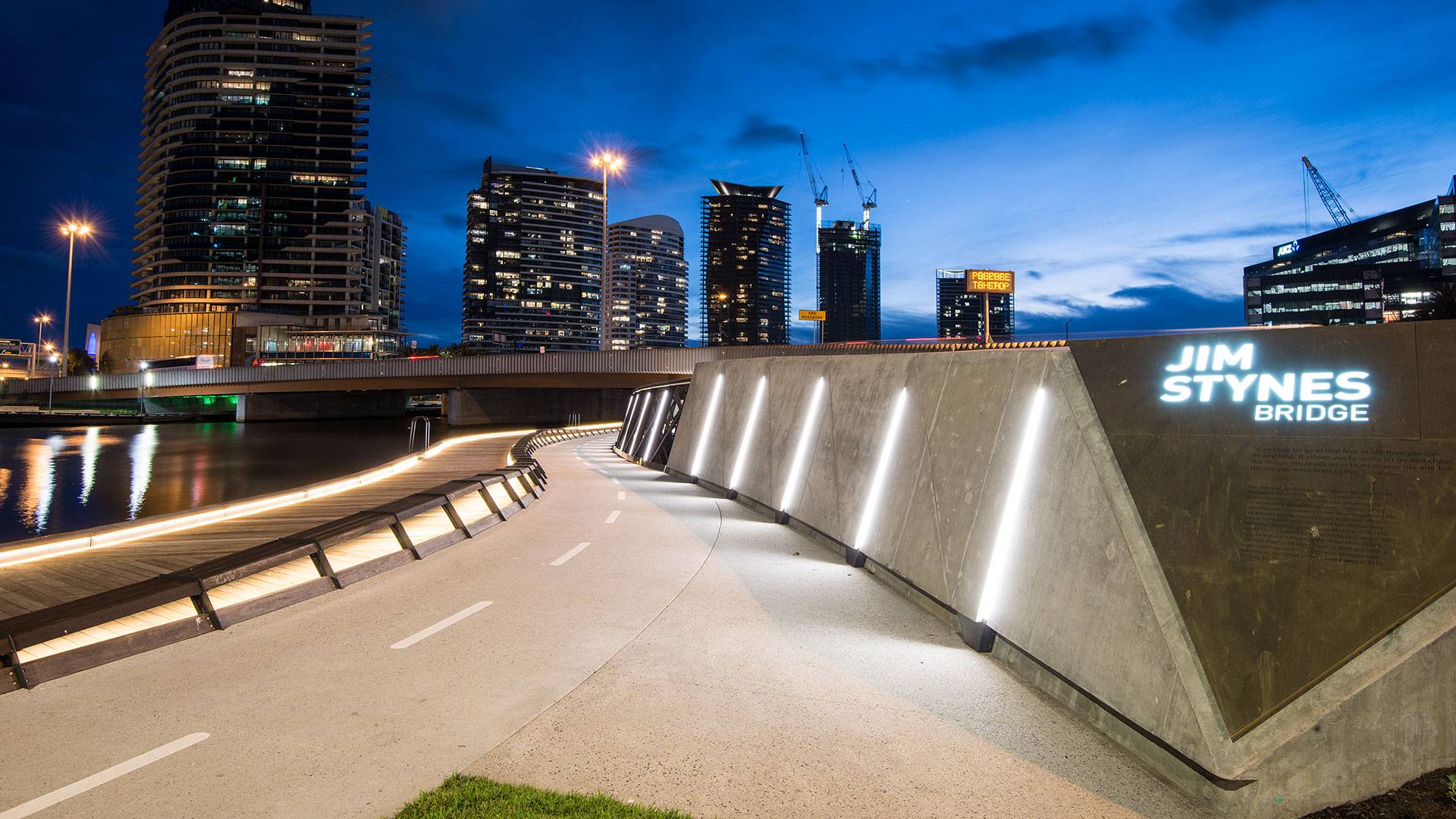 Electro IP robust outdoor LED luminaire in application, installed on the Jim Stynes Bridge in Melbourne.