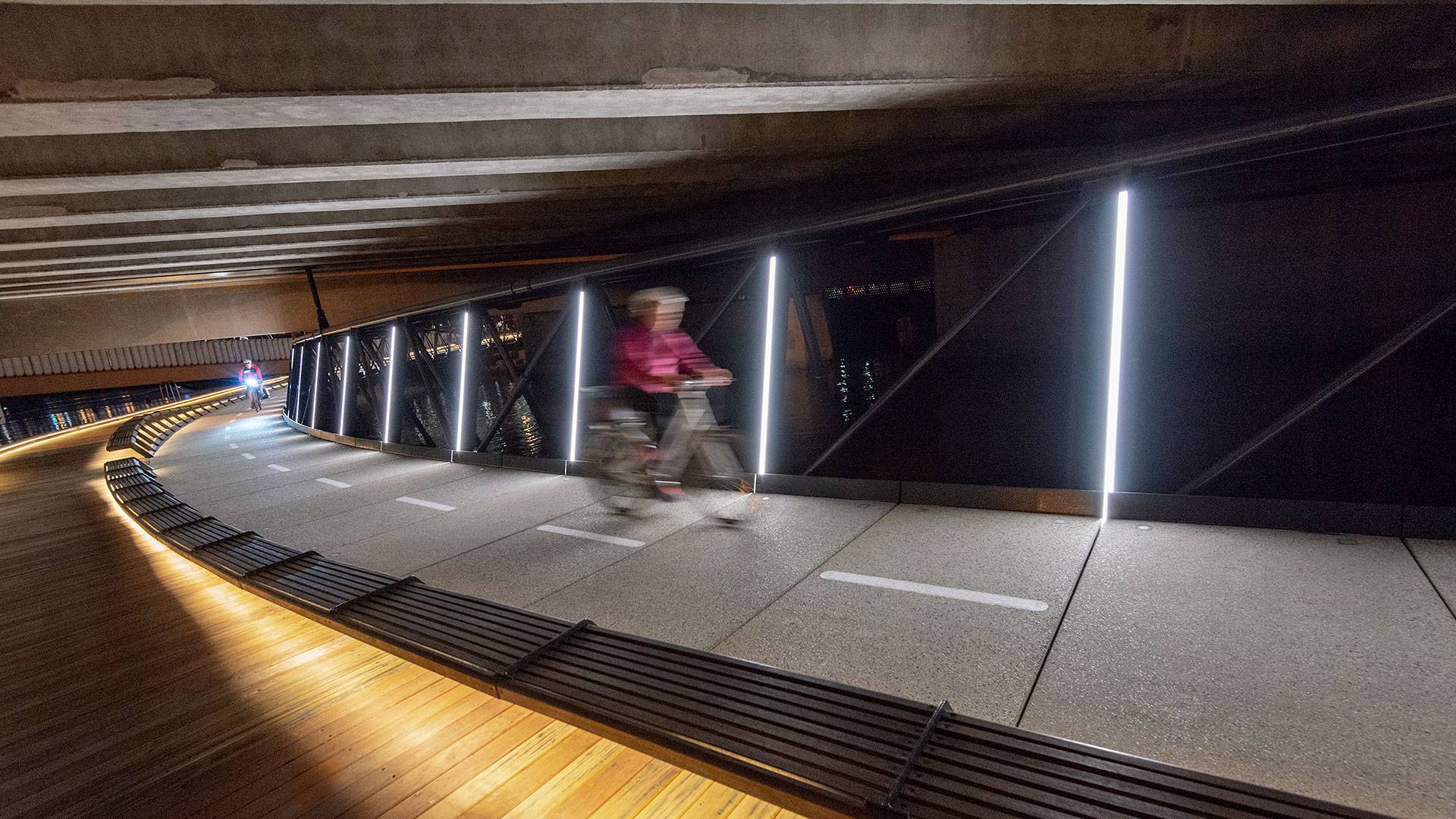 Electro IP robust outdoor LED luminaire in application, installed on the Jim Stynes Bridge in Melbourne.
