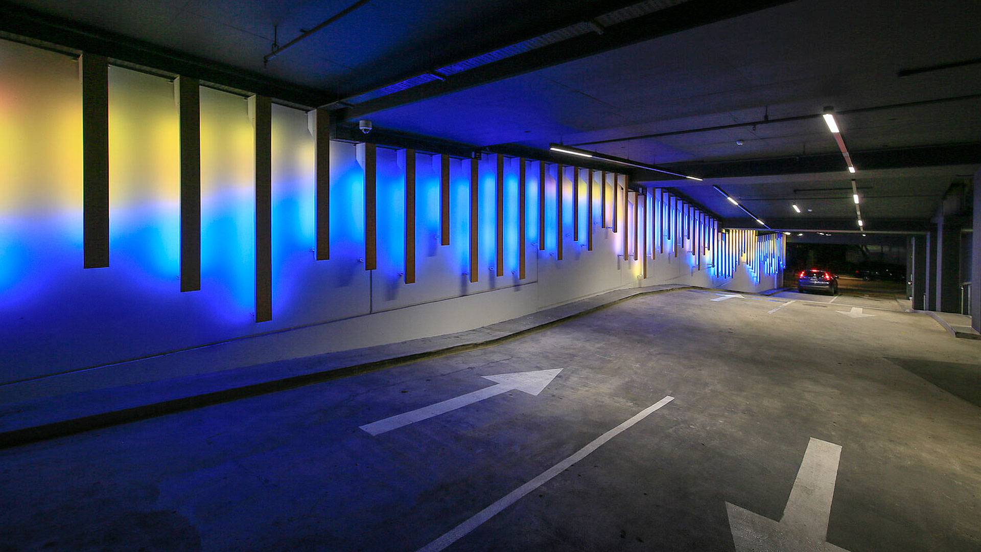 The Kishorn Road Tunnel below Cirque Apartments in Mount Pleasant is treated to a spectacular lighting installation, Chroma Flow by James Tapscott, commissioned by FORM. Max Mini Pixel IP is mounted to various lengths of Tasmanian Oak. 