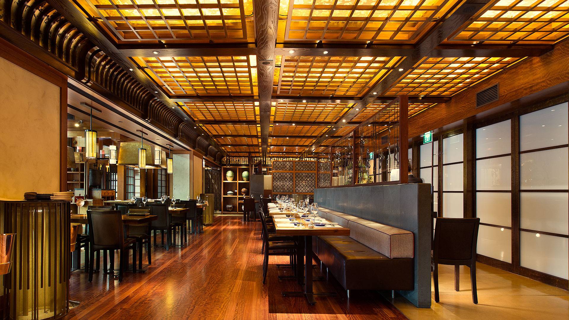 Strip lighting is featured in Koko's feature ceiling. The installation provides CCT dimming, which simulates the behaviour of an incandescent light source by becoming warmer as it dims.