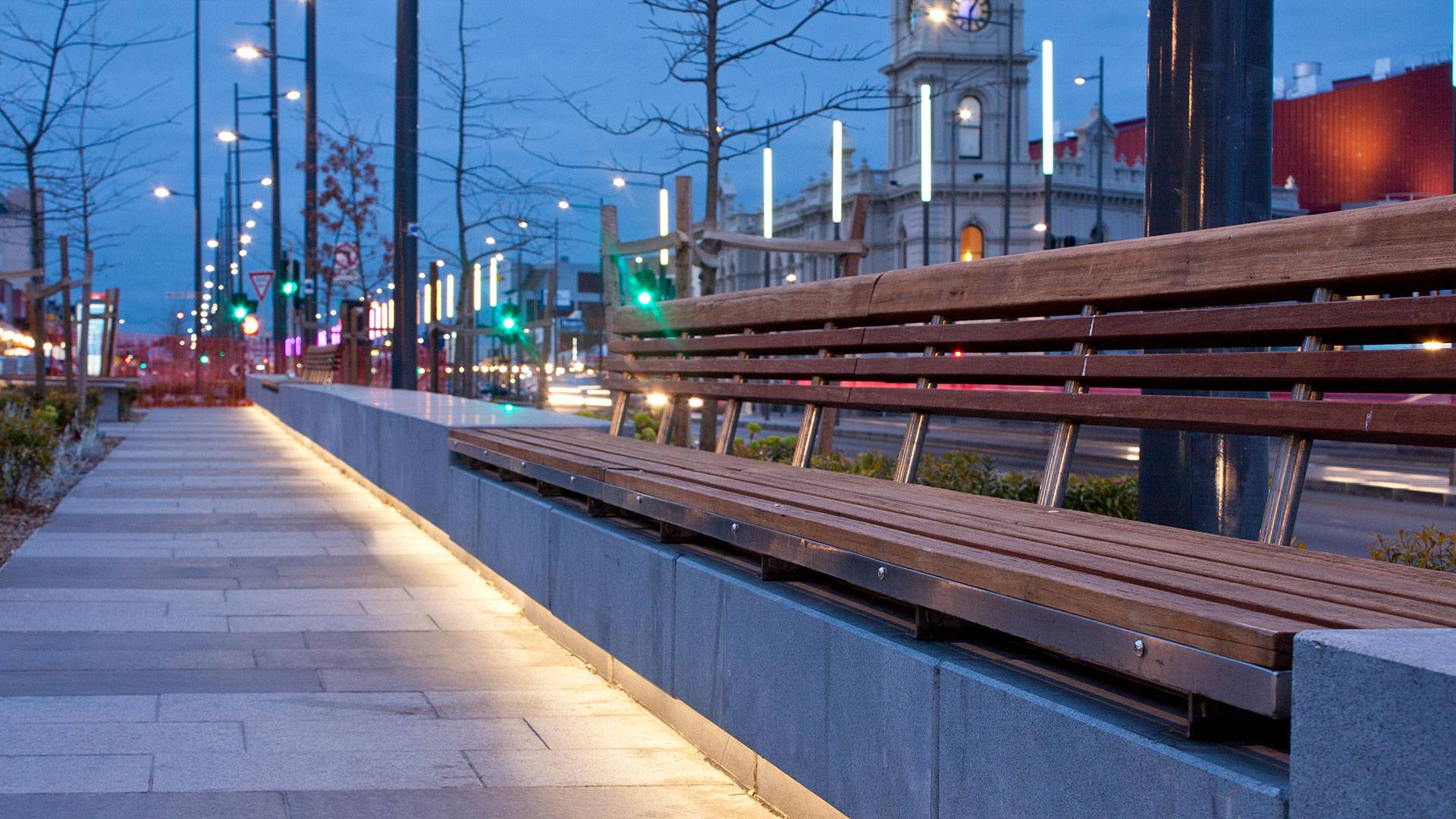 An installation of 68 illuminated colour changing poles lines the Lonsdale Street shopping precinct in Dandenong, Melbourne