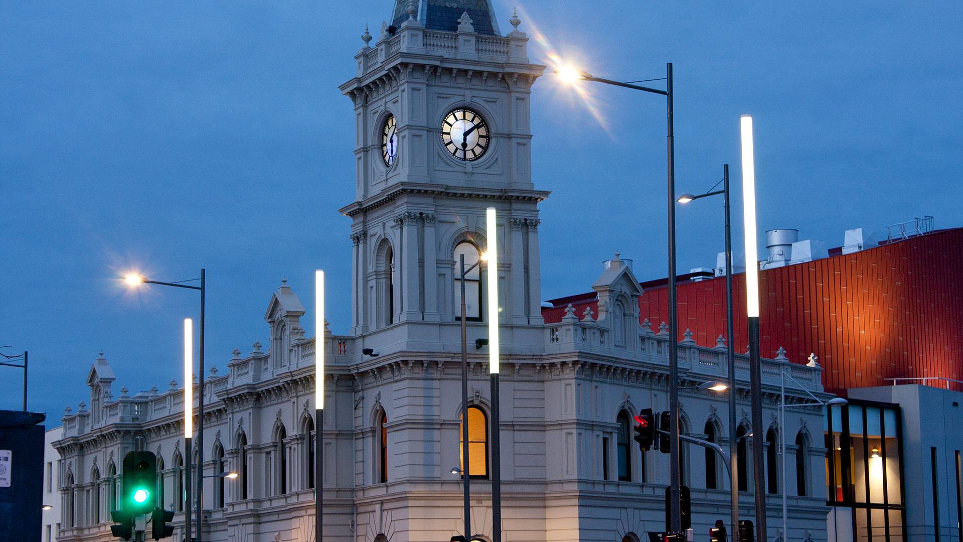 An installation of 68 illuminated colour changing poles lines the Lonsdale Street shopping precinct in Dandenong, Melbourne