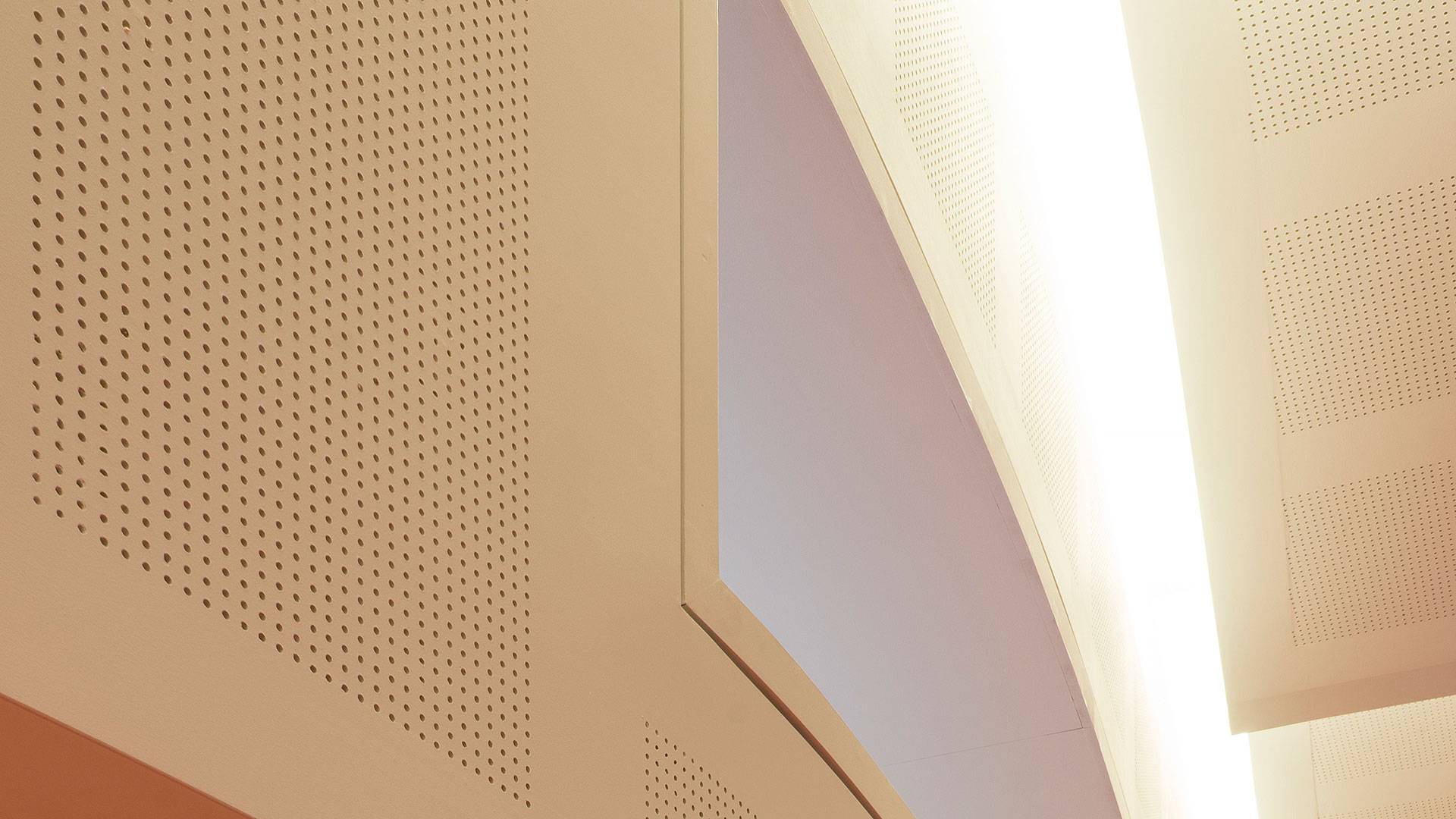 Primo X2 LED strip in application, installed in the Swinburne University AMC Building Lecture Theatre. Multiple soffits create a wave-like effect and double as an indirect lighting source.