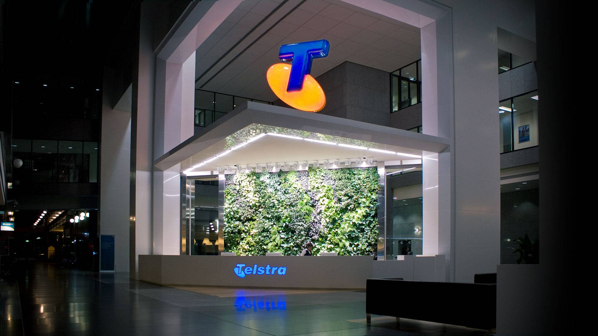 Telstra Corporate Centre at 242 Exhibition Street, Melbourne utilizes an illuminated canopy which surrounds almost three complete sides of the building. 