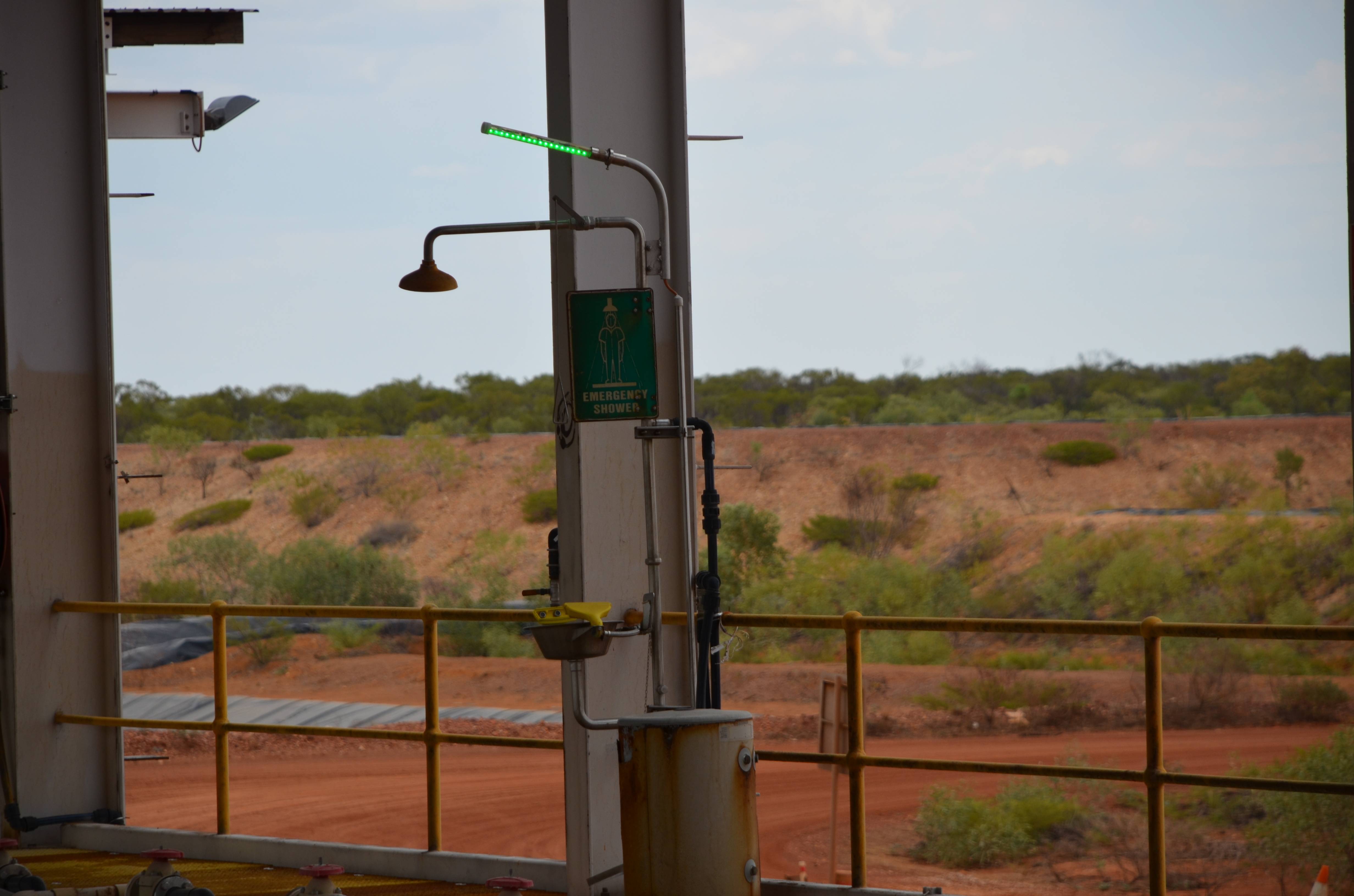 Coolon Eye Wash Station LED and DLKs are installed on a Copper Refinery in North Queensland. Close up on Eye Wash Station LED.