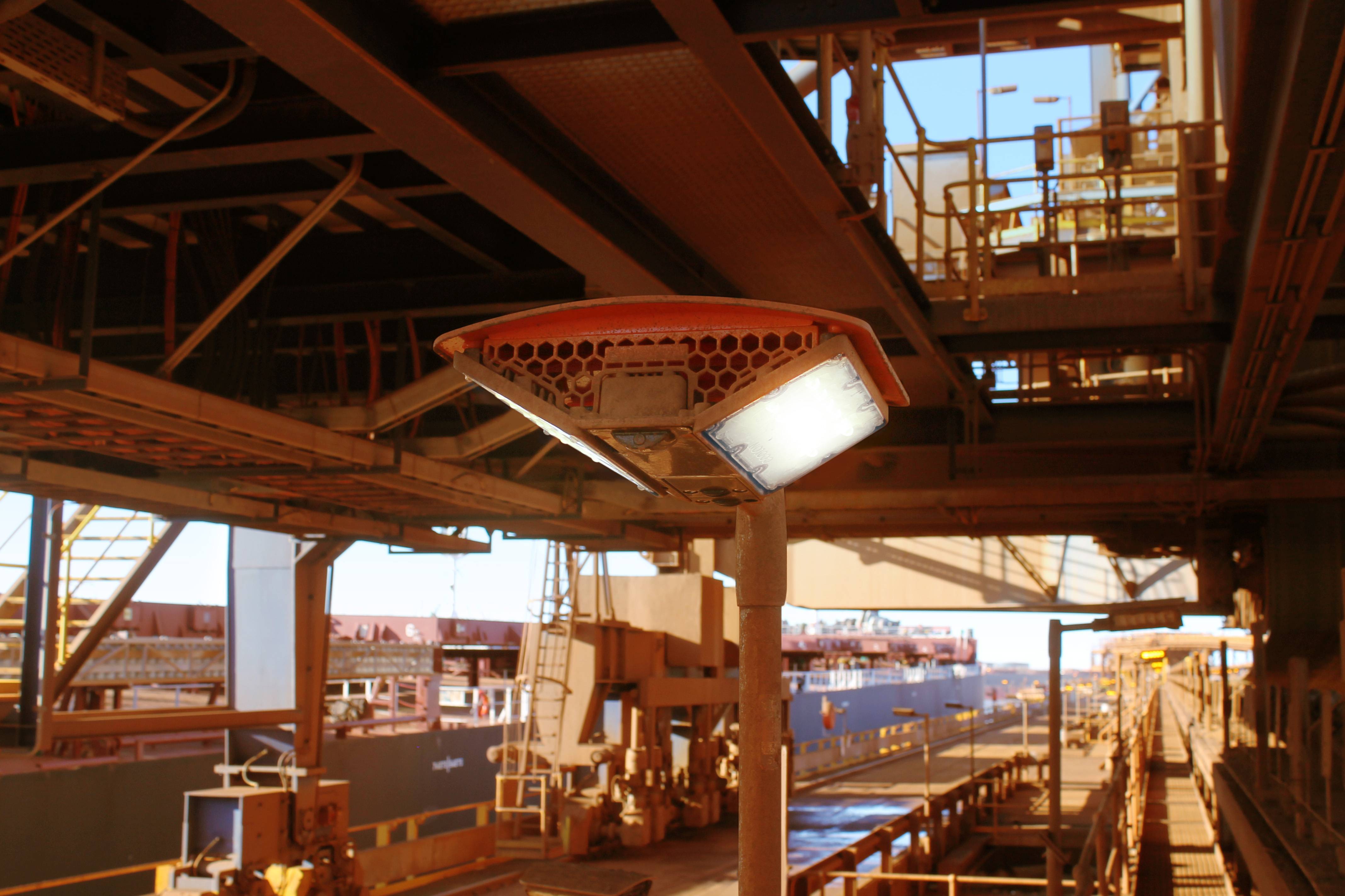 Port lighting on an iron ore mine carried out in turtle-friendly amber to protect local wildlife.