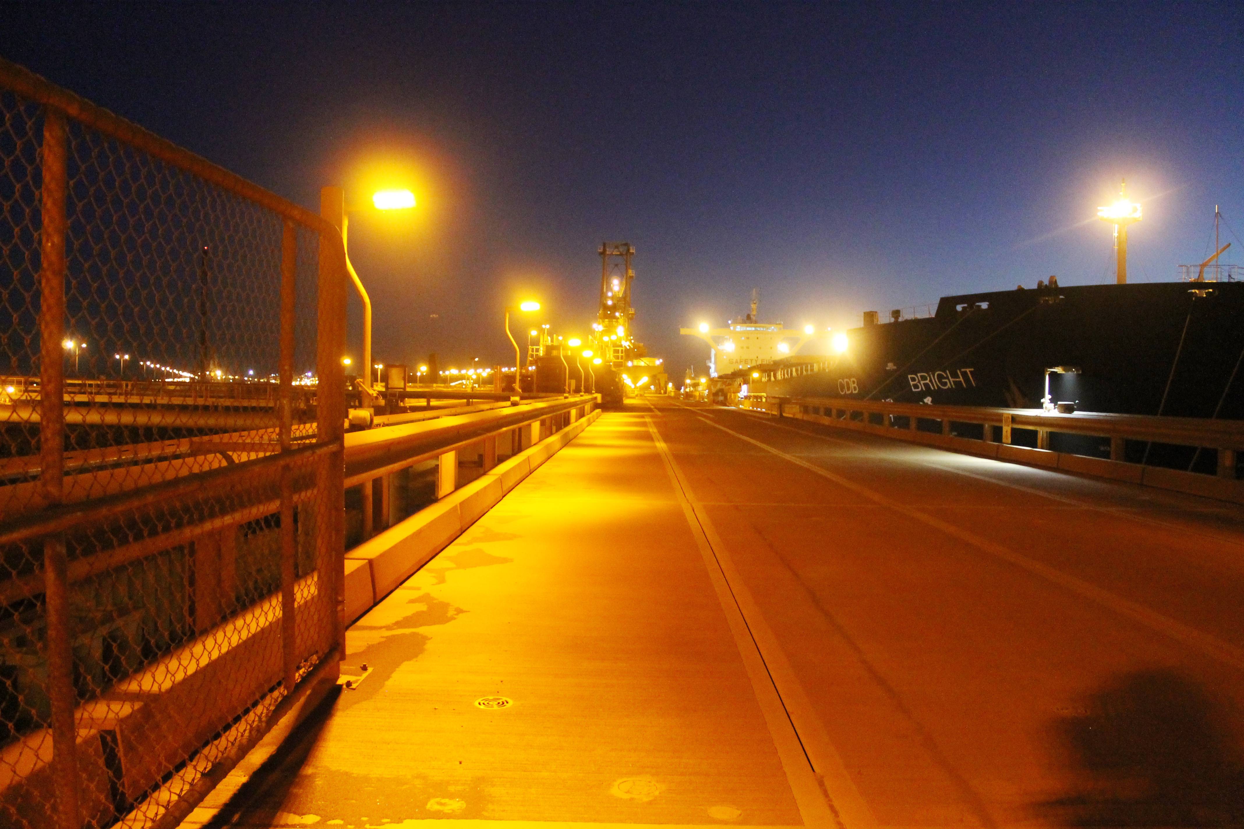 Port lighting on an iron ore mine carried out in turtle-friendly amber to protect local wildlife.