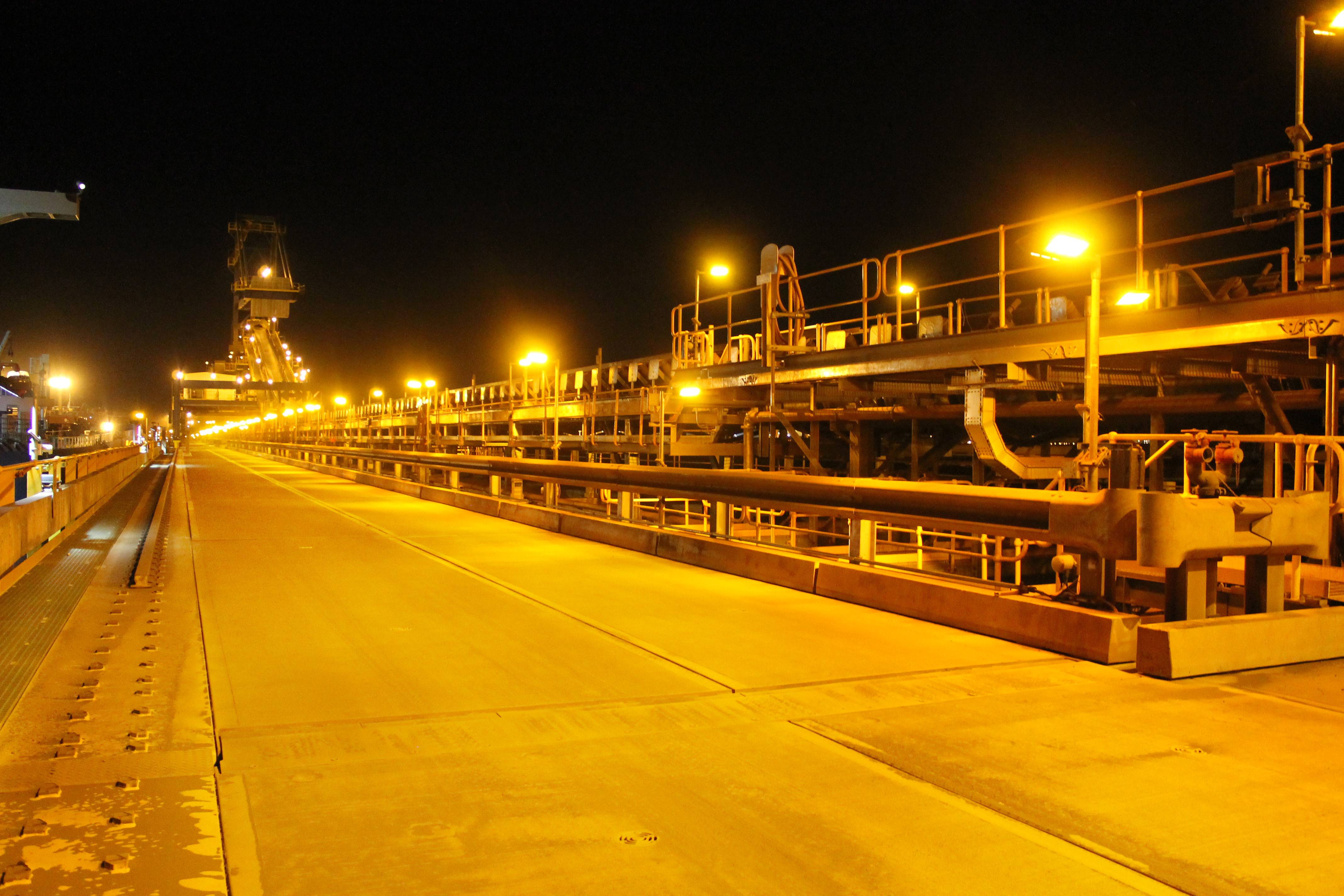 Port lighting on an iron ore mine carried out in turtle-friendly amber to protect local wildlife.