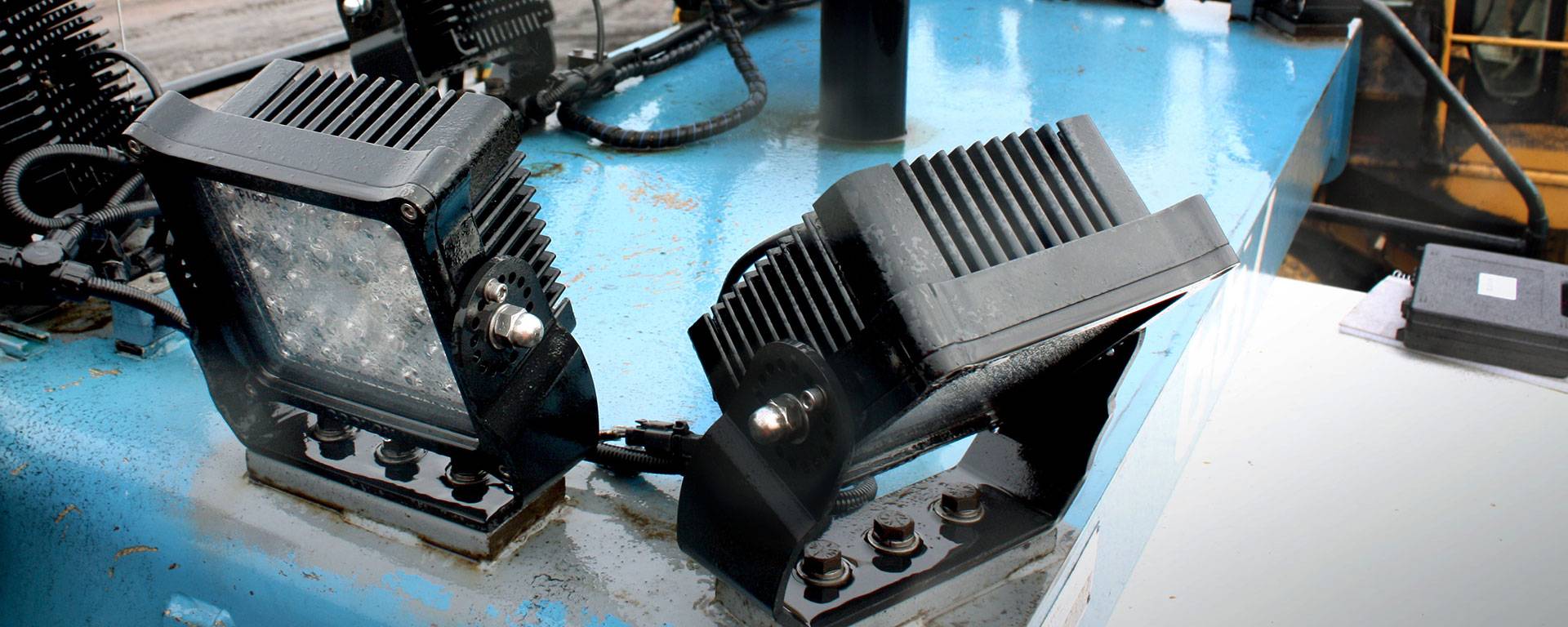 CP24 LED Flood Light in application, installed on Caterpillar D11 bulldozer / stockpile 