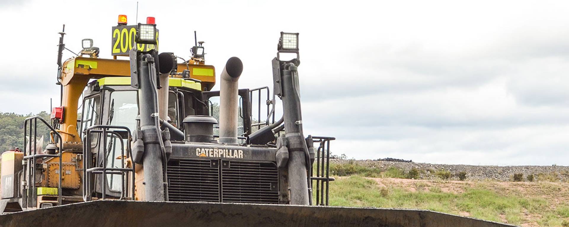 CP24 LED Flood Light in application, installed on Caterpillar D11 bulldozer / stockpile 
