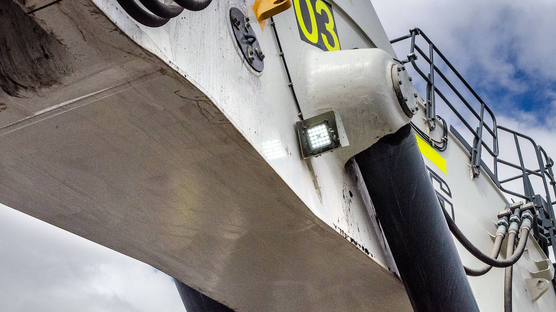 CP24 LED Flood Light in application, installed on Caterpillar D11 bulldozer / stockpile 