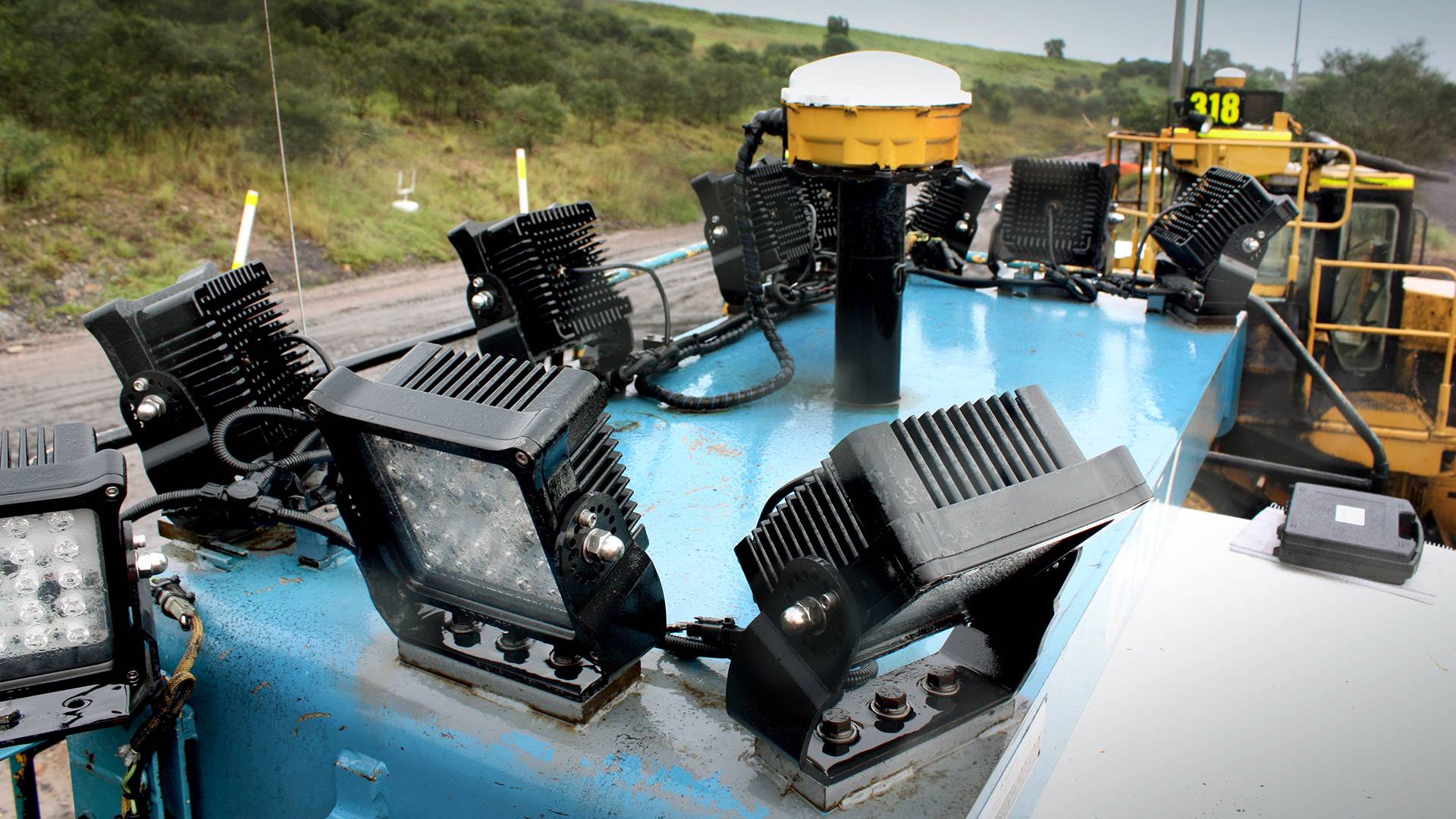 CP24 LED Flood Light in application, installed on Caterpillar D11 bulldozer / stockpile 