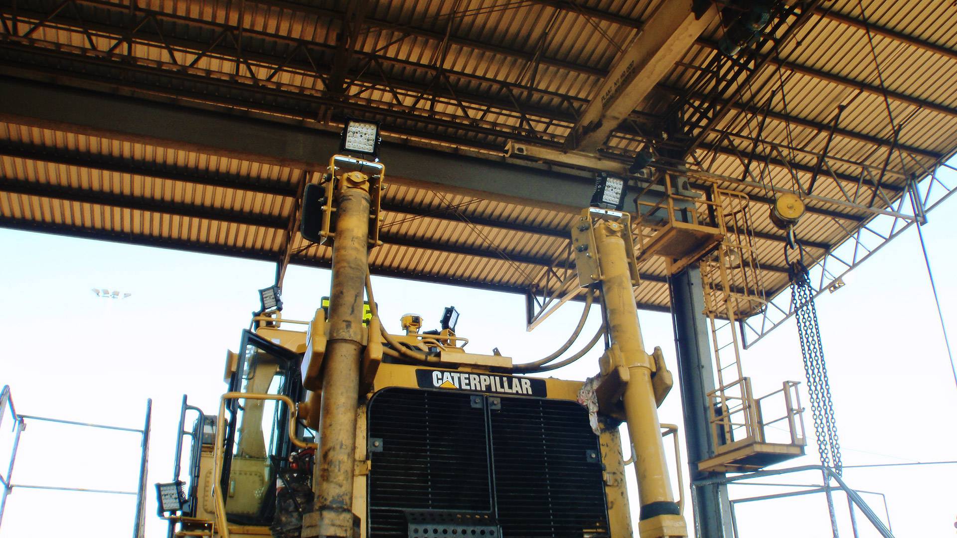 CP24 LED Flood Light in application, installed on Caterpillar D11 bulldozer / stockpile 