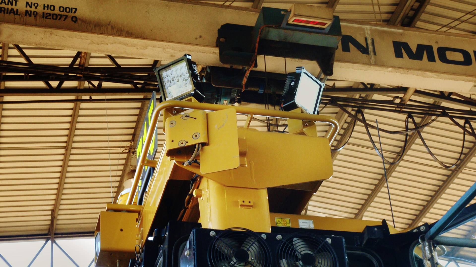 CP24 LED Flood Light in application, installed on Caterpillar D11 bulldozer / stockpile 