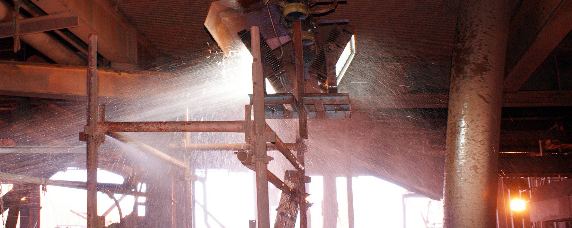 The CP56 LED mining floodlight in application, installed on fixed plant, being washed by high pressure jets