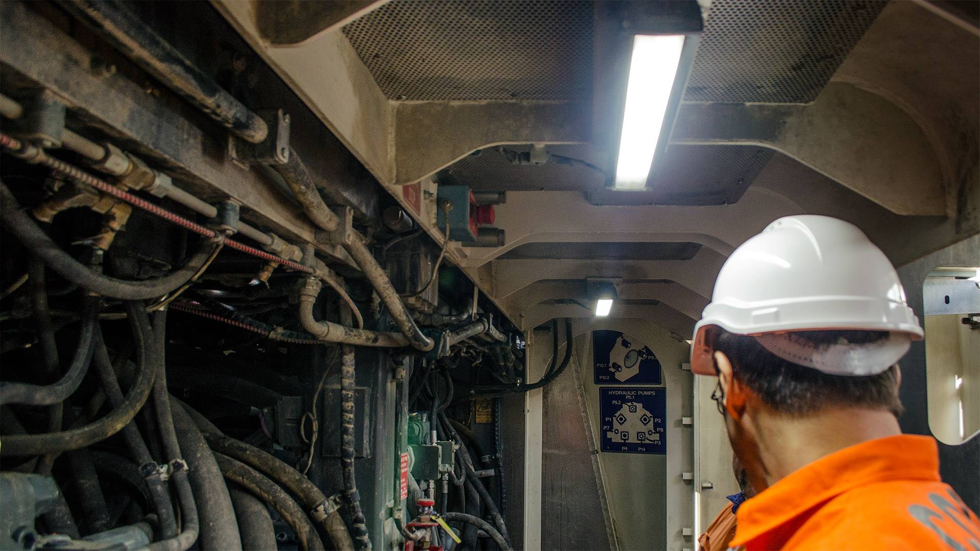 MC22 Machine Light in application, installed in the engine bay on a 996 liebherr excavator