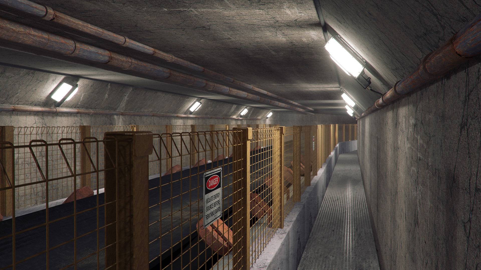 Tunnel Ray LED Tunnel / Low Profile Light in application, installed on an underground conveyor tunnel