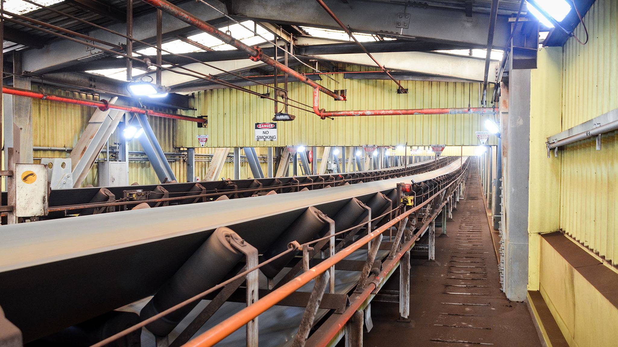 Tunnel Ray LED Tunnel / Low Profile Light in application, installed on an enclosed rising conveyor on a  coal fired power station