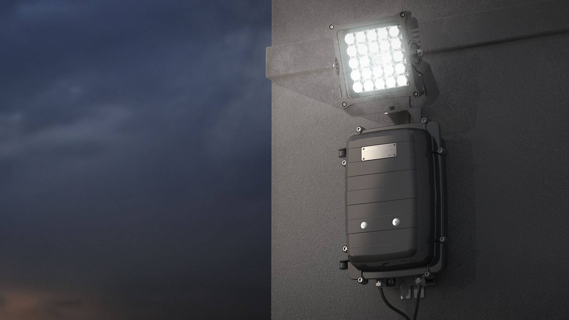 Warden LED Flood Light in application,installed on a wall on an industrial / mine site