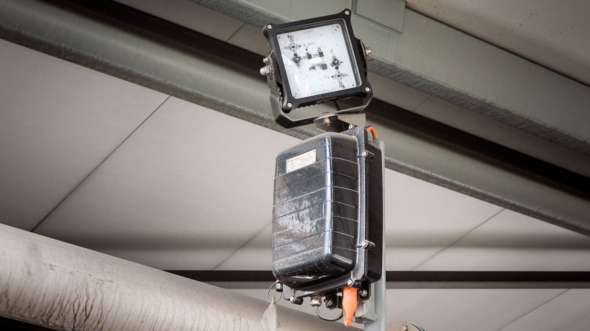 Warden LED Flood Light in application,installed on a wall on an industrial / mine site
